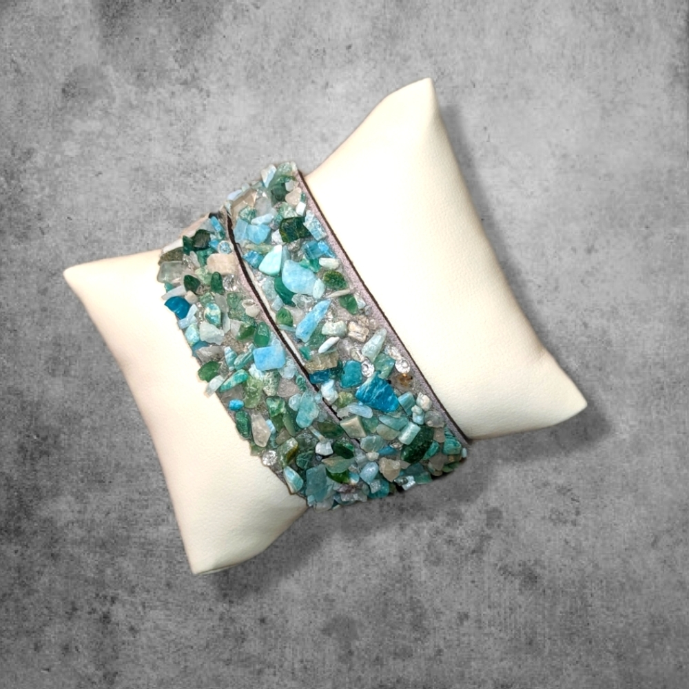 C1 Unique Natural Gemstone Double Wrap Bracelet Aqua Seafoam Green Mint Blue - Picture 11 of 17